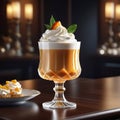 Apricot dessert with whipped cream in a glass and orange, apricot collage, 3D rendering, professional banner with copy space, Royalty Free Stock Photo