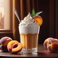 Apricot dessert with whipped cream in a glass and orange, apricot collage, 3D rendering, professional banner with copy space, Royalty Free Stock Photo