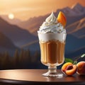 Apricot dessert with whipped cream in a glass and orange, apricot collage, 3D rendering, professional banner with copy space, Royalty Free Stock Photo