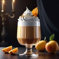 Apricot dessert with whipped cream in a glass and orange, apricot collage, 3D rendering, professional banner with copy space, Royalty Free Stock Photo