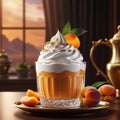 Apricot dessert with whipped cream in a glass and orange, apricot collage, 3D rendering, professional banner with copy space, Royalty Free Stock Photo