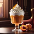 Apricot dessert with whipped cream in a glass and orange, apricot collage, 3D rendering, professional banner with copy space, Royalty Free Stock Photo