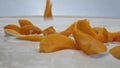 Apricot dropped dairy dessert in super slow motion close up. Healthy breakfast. Royalty Free Stock Photo