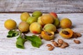 Apricot fruit. Fresh organic apricots on a white wooden background Royalty Free Stock Photo