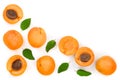 Apricot fruits with leaves isolated on white background with copy space for your text. Top view. Flat lay pattern Royalty Free Stock Photo