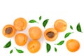 Apricot fruits with leaves isolated on white background with copy space for your text. Top view. Flat lay pattern Royalty Free Stock Photo