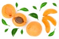 Apricot fruits with leaves isolated on white background. Top view. Flat lay pattern Royalty Free Stock Photo