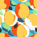 Apricot fruits seamless pattern. Fresh apricots, leaves and stones background. Trendy freehand drawing illustration Royalty Free Stock Photo