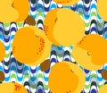 Apricot fruits seamless pattern. Fresh apricots, leaves, stones Royalty Free Stock Photo