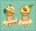 Apricot ice cream. Peach ice cream. Vector illustration of fruit ice cream cone, Hand-drawn design