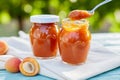 Apricot jam in glass jars with fresh fruit Royalty Free Stock Photo