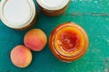 Apricot jam in glass jars, top view Royalty Free Stock Photo