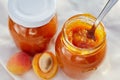 Apricot jam in glass jars, top view Royalty Free Stock Photo