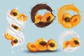 Apricot juice, apricot in chocolate, milk splash. Collection fresh apricot. Sweet dessert. 3D realistic apricot. Vector