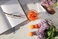 Apricot juice, apricots, on a sunny table, a notebook for work and glasses and colorful branches of lilac,