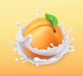 Apricot and milk splash. Fruit and yogurt. 3d vector icon Royalty Free Stock Photo
