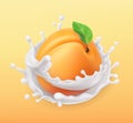 Apricot and milk splash. Fruit and yogurt. 3d vector icon