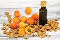 Apricot oil from apricot kernels in a brown bottle Royalty Free Stock Photo