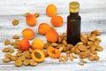 Apricot oil from apricot kernels in a brown bottle table Royalty Free Stock Photo