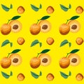 Apricot pattern with leaves on a yellow background.Hand-drawn fruits and sliced pieces.Summer tropical endless Royalty Free Stock Photo