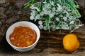 Apricot and peach jam in a small deep dish, sweet orange jam for dessert. Next to a whole fruit, apricots are marinated in syrup. Royalty Free Stock Photo