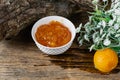 Apricot and peach jam in a small deep dish, sweet orange jam for dessert. Next to a whole fruit, apricots are marinated in syrup. Royalty Free Stock Photo