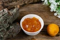 Apricot and peach jam in a small deep dish, sweet orange jam for dessert. Next to a whole fruit, apricots are marinated in syrup. Royalty Free Stock Photo