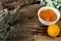 Apricot and peach jam in a small deep dish, sweet orange jam for dessert. Next to a whole fruit, apricots are marinated in syrup. Royalty Free Stock Photo