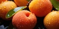 Apricot or peach with water drops close-up, top view. Photo for advertising. Generative AI Royalty Free Stock Photo