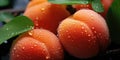 Apricot or peach with water drops close-up, top view. Photo for advertising. Generative AI Royalty Free Stock Photo