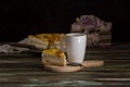 Apricot pie with cream and a cup of coffee close-up Royalty Free Stock Photo