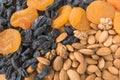 Apricot, raisin, nuts as a background