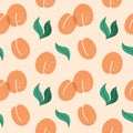 Apricot seamless pattern. Exotic tropical peaches or apricots fresh fruit on pink background. Whole juicy peach and kernels. Decor