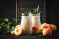 Apricot smoothies with fruits and flax seeds in glass bottles, dark rustic kitchen table background, place for text, selective