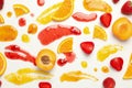Apricot, strawberry orange and jams on white background Royalty Free Stock Photo