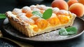 Apricot tart dessert on dark plate, kitchen background Royalty Free Stock Photo