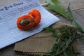 Apricot , tree, newspaper, leaves, ship, bottle, cloth