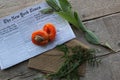 Apricot , tree, newspaper, leaves, ship, bottle, cloth