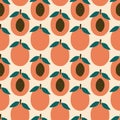 Apricots with bones hand drawn vector illustration. Sweet fruit seamless pattern for kitchen fabric. Royalty Free Stock Photo