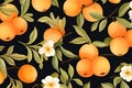 Apricots on branches with leaves and flowers, illustration pattern on dark blue background. AI generative Royalty Free Stock Photo