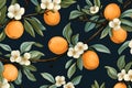 Apricots on branches with leaves and flowers, illustration pattern on dark blue background. AI generative Royalty Free Stock Photo