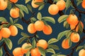 Apricots on branches with leaves, illustration pattern on dark blue background. AI generative Royalty Free Stock Photo