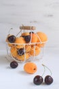 Apricots and cherries in metal basket Summer fruit and berries c Royalty Free Stock Photo