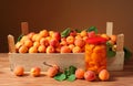 Apricots and compote in a jar of glass