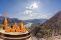 Apricots drinks on barrel against valley with Danube river in Wachau, Austria, Unesco world heritage site