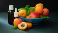 the concept of natural cosmetics, apricots with glass bottles with oil on a dark background