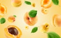 Apricots group, slices and leaves flying on apricot colour background