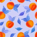 Apricots or peach bright fruits seamless pattern. Acrylic illustration on blue background. Design for wallpaper, background. Royalty Free Stock Photo