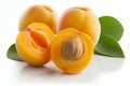 Apricots Peach with leaves isolated on white background