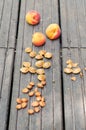 Apricots and pits on a wooden table